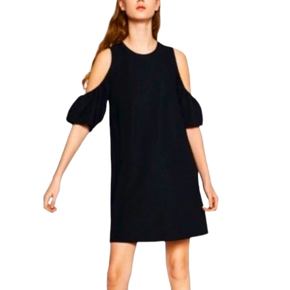 Zara Crew Neck Cold Shoulder Mini Little Black Dress
